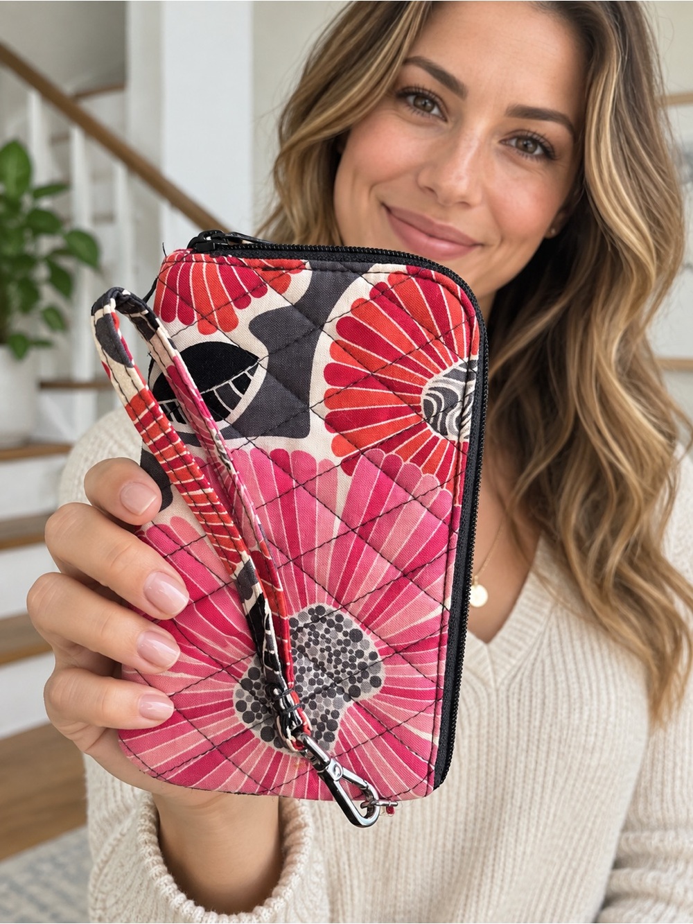 Vera Bradley Cherry Blossom Pink & Black Quilted Floral Wristlet